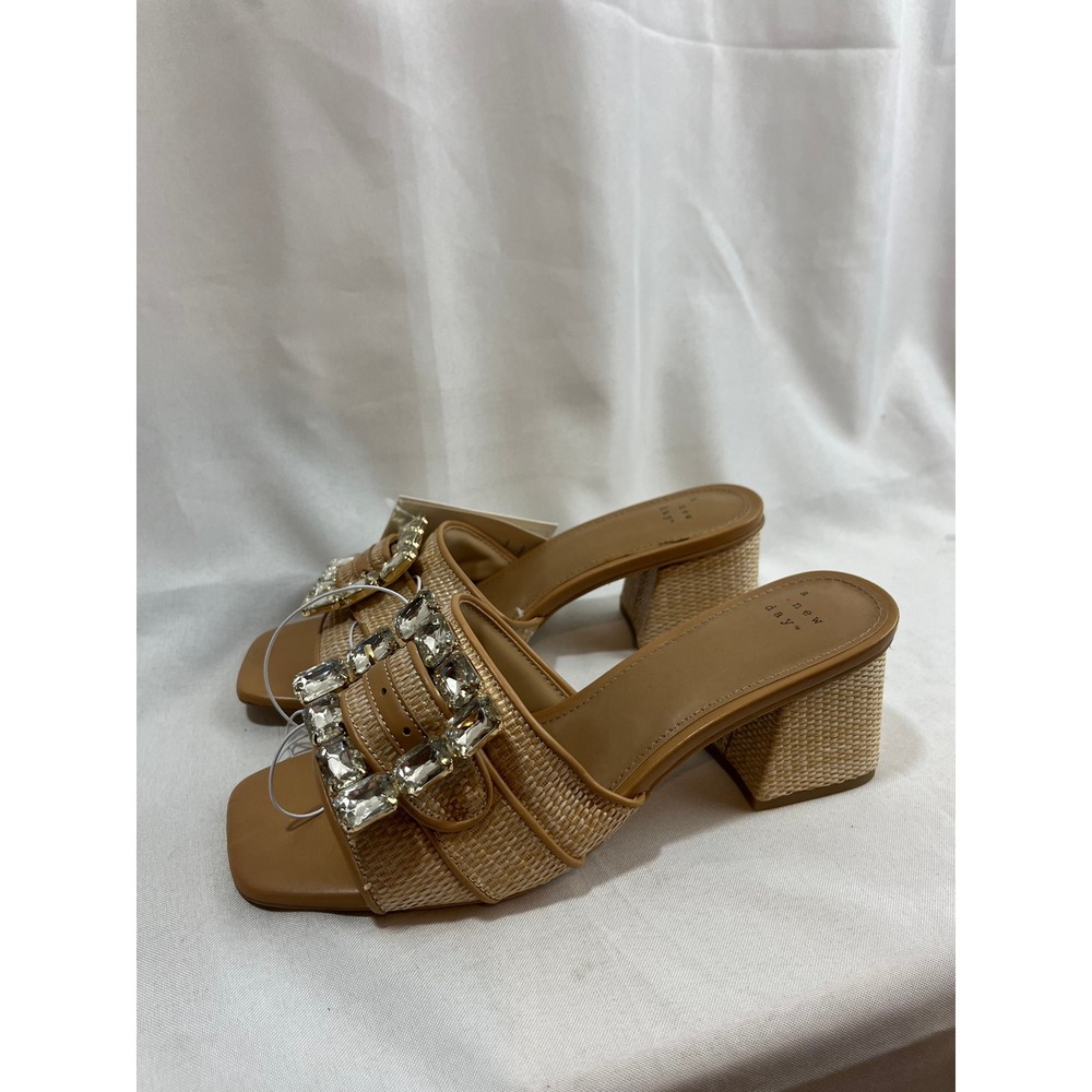 A New Day Womens Woven Block Heel Slide Sandals Rhinestone Buckle Tan Size 8 - Picture 1 of 6